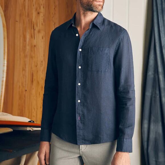 Faherty Linen Laguna Storm Navy Long Sleeve Shirt XL NEW Collar Button Up Pocket - Picture 1 of 7
